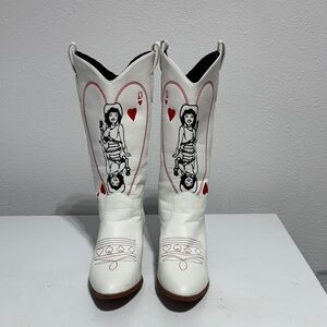 White Dress Cowboy Boots with Playing Card Design Queen of Hearts.